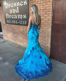 Ndyad Strapless Mermaid Long Prom Dresses Satin Blue Evening Gowns HZ1024