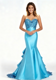 Ndyad Strapless Mermaid Long Prom Dresses Satin Blue Evening Gowns HZ1024