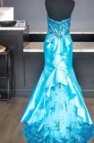 Ndyad Strapless Mermaid Long Prom Dresses Satin Blue Evening Gowns HZ1024