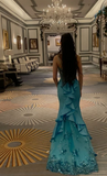 Ndyad Strapless Mermaid Long Prom Dresses Satin Blue Evening Gowns HZ1024