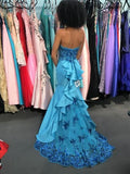 Ndyad Strapless Mermaid Long Prom Dresses Satin Blue Evening Gowns HZ1024