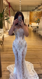 Ndyad Strapless Mermaid Long Prom Dresses Lace Applique White Evening Gowns HZ1024