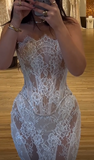 Ndyad Strapless Mermaid Long Prom Dresses Lace Applique White Evening Gowns HZ1024