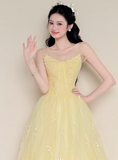 Ndyad Strapless A-Line Long Prom Dresses Tulle Yellow Sweet 16 Dress HZ1024