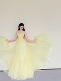Ndyad Strapless A-Line Long Prom Dresses Tulle Yellow Sweet 16 Dress HZ1024