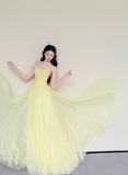 Ndyad Strapless A-Line Long Prom Dresses Tulle Yellow Sweet 16 Dress HZ1024