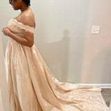 Ndyad Off-the-shoulder A-Line Long Prom Dresses Satin Applique Champagne Evening Gowns HZ1024