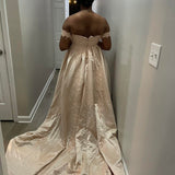 Ndyad Off-the-shoulder A-Line Long Prom Dresses Satin Applique Champagne Evening Gowns HZ1024