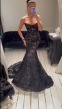 Ndyad Sweetheart Neck Mermaid Long Prom Dresses Lace Applique Black Evening Gowns HZ1024
