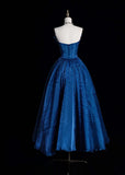 Ndyad Strapless A-Line Long Prom Dresses Polka Dot Tulle Blue Birthday Dresses HZ1024