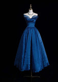Ndyad Strapless A-Line Long Prom Dresses Polka Dot Tulle Blue Birthday Dresses HZ1024