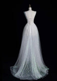 Ndyad V-neck A-Line Long Prom Dresses Tulle Sequins White Birthday Dresses Sweet 16 Dress HZ1024