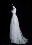 Ndyad V-neck A-Line Long Prom Dresses Tulle Sequins White Birthday Dresses Sweet 16 Dress HZ1024