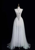 Ndyad V-neck A-Line Long Prom Dresses Tulle Sequins White Birthday Dresses Sweet 16 Dress HZ1024