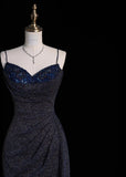Ndyad Spaghetti Strap Sheath Long Prom Dresses Glitter Sequin Navy Blue Formal Dresses HZ1024