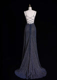 Ndyad Spaghetti Strap Sheath Long Prom Dresses Glitter Sequin Navy Blue Formal Dresses HZ1024