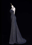 Ndyad Spaghetti Strap Sheath Long Prom Dresses Glitter Sequin Navy Blue Formal Dresses HZ1024