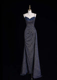 Ndyad Spaghetti Strap Sheath Long Prom Dresses Glitter Sequin Navy Blue Formal Dresses HZ1024