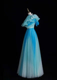 Ndyad One Shoulder A-Line Long Prom Dresses Tulle Blue Formal Dresses Sweet 16 Dress HZ1024
