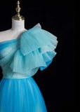 Ndyad One Shoulder A-Line Long Prom Dresses Tulle Blue Formal Dresses Sweet 16 Dress HZ1024