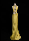 Ndyad Jewel Sheath Long Prom Dresses Satin Yellow Formal Dresses HZ1024