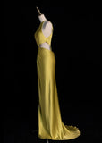 Ndyad Jewel Sheath Long Prom Dresses Satin Yellow Formal Dresses HZ1024