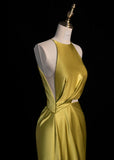 Ndyad Jewel Sheath Long Prom Dresses Satin Yellow Formal Dresses HZ1024