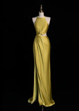 Ndyad Jewel Sheath Long Prom Dresses Satin Yellow Formal Dresses HZ1024