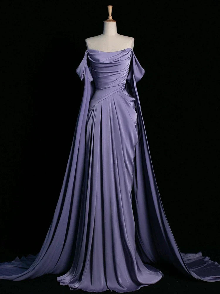 Ndyad Purple A-Line Off Shoulder Satin Long Prom Dress Formal Evening Dress HZ1024