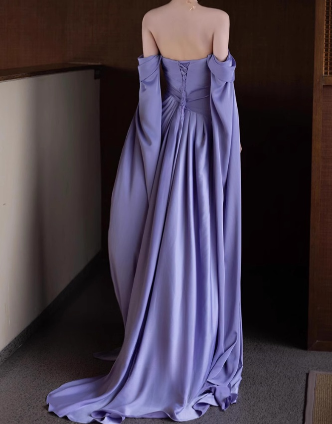 Ndyad Purple A-Line Off Shoulder Satin Long Prom Dress Formal Evening Dress HZ1024