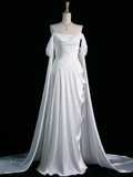 Ndyad Purple A-Line Off Shoulder Satin Long Prom Dress Formal Evening Dress HZ1024
