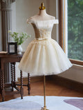 Evafashion Off Shoulder Satin Lace Short Prom Dress, Champagne Homecoming Dress HZ1024