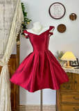 Ndyad V-neck A-Line Short Prom Dresses Satin Red Birthday Dresses Red Homecoming Dresses HZ1024