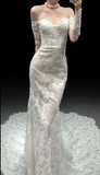 Ndyad Off-the-shoulder Mermaid Train Wedding Dresses Lace Applique Bridal Gowns Long Sleeve White Bridal Dresses HZ1024