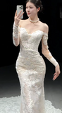 Ndyad Off-the-shoulder Mermaid Train Wedding Dresses Lace Applique Bridal Gowns Long Sleeve White Bridal Dresses HZ1024