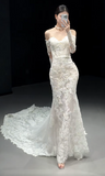 Ndyad Off-the-shoulder Mermaid Train Wedding Dresses Lace Applique Bridal Gowns Long Sleeve White Bridal Dresses HZ1024