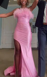 Ndyad Strapless Sheath Long Prom Dresses with Slits,Satin Pink Formal Dresses HZ1024