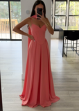 Ndyad Spaghetti Strap A-Line Long Prom Dresses, Chiffon Dark Peach Wedding Guest Dresses HZ1024