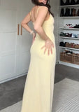 Ndyad Sheath Long Prom Dresses, Chiffon Butter Yellow Formal Dresses, Spaghetti Straps Birtdhay Dresses HZ1024