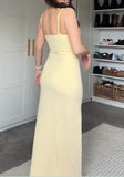 Ndyad Sheath Long Prom Dresses, Chiffon Butter Yellow Formal Dresses, Spaghetti Straps Birtdhay Dresses HZ1024