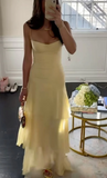 Ndyad Sheath Long Prom Dresses, Chiffon Butter Yellow Formal Dresses, Spaghetti Straps Birtdhay Dresses HZ1024