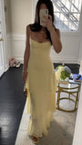 Ndyad Sheath Long Prom Dresses, Chiffon Butter Yellow Formal Dresses, Spaghetti Straps Birtdhay Dresses HZ1024