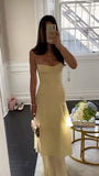 Ndyad Sheath Long Prom Dresses, Chiffon Butter Yellow Formal Dresses, Spaghetti Straps Birtdhay Dresses HZ1024