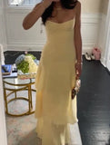 Ndyad Sheath Long Prom Dresses, Chiffon Butter Yellow Formal Dresses, Spaghetti Straps Birtdhay Dresses HZ1024