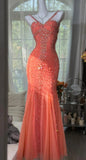 Ndyad V-neck Mermaid Long Prom Dresses, Sparkly Chiffon Beaded Coral Formal Dresses HZ1024