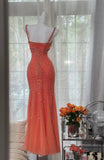Ndyad V-neck Mermaid Long Prom Dresses, Sparkly Chiffon Beaded Coral Formal Dresses HZ1024