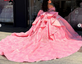 Ndyad Off-the-shoulder Ball Gown Tulle Long Prom Dresses Beaded Pink Sweet 16 Dress Applique Quinceanera Dresses HZ1024