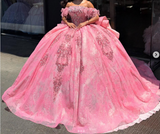 Ndyad Off-the-shoulder Ball Gown Tulle Long Prom Dresses Beaded Pink Sweet 16 Dress Applique Quinceanera Dresses HZ1024