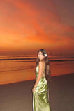 Ndyad Spaghetti Strap Sheath Long Evening Dresses Satin Green Formal Dresses with Slits HZ1024