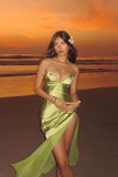 Ndyad Spaghetti Strap Sheath Long Evening Dresses Satin Green Formal Dresses with Slits HZ1024